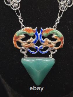 Art Deco Dragon Necklace Enamel Peking Glass Rhodium Plate 1930s 18 In