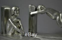 Art Deco Paul Silvestre silver plated bronze bookends pair 1930 signed + foundry