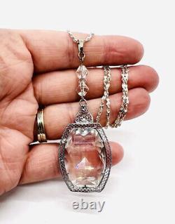 Art Deco Rhodium Plated Clear Faceted Glass Necklace Vintage Antique Jewelry