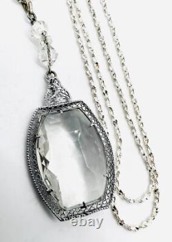 Art Deco Rhodium Plated Clear Faceted Glass Necklace Vintage Antique Jewelry