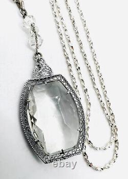 Art Deco Rhodium Plated Clear Faceted Glass Necklace Vintage Antique Jewelry