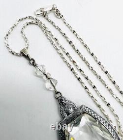 Art Deco Rhodium Plated Clear Faceted Glass Necklace Vintage Antique Jewelry