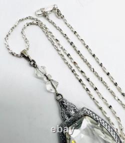 Art Deco Rhodium Plated Clear Faceted Glass Necklace Vintage Antique Jewelry