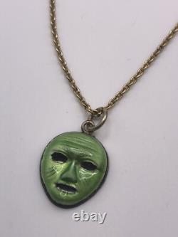 Art Deco Silver Enamel Mask Pendant On 18ct Gold Plated Chain Necklace