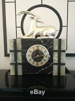 Art Deco marble clock with silver plated gazelle