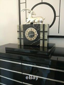 Art Deco marble clock with silver plated gazelle