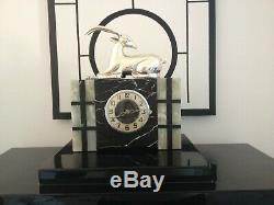 Art Deco marble clock with silver plated gazelle