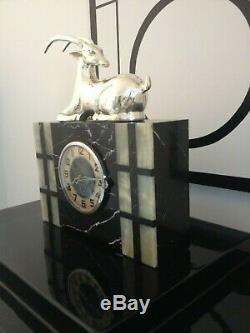 Art Deco marble clock with silver plated gazelle