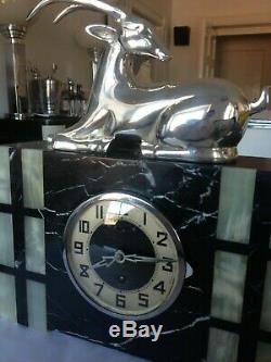 Art Deco marble clock with silver plated gazelle