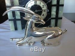 Art Deco marble clock with silver plated gazelle