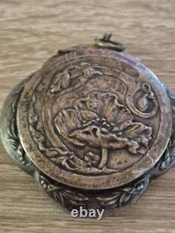 Art Nouveau French Silver Plated Mirror Locket Pendant, Pillbox Powderbox c. 1900