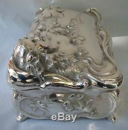 Art Nouveau Jenning Bros JB Silver Plate Nude Maiden Large Jewelry Box ca 1890