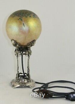 Art Nouveau, Jugendstil WMF silver plated stand with iridescent glass lamp shade