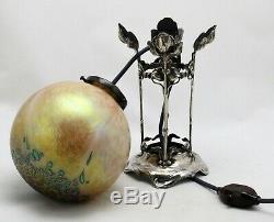 Art Nouveau, Jugendstil WMF silver plated stand with iridescent glass lamp shade
