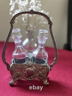 Art Nouveau Oil Vinegar Glass Curet Serving Set silver plated 19th-20th Century
