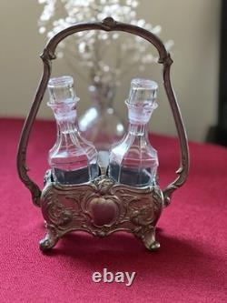 Art Nouveau Oil Vinegar Glass Curet Serving Set silver plated 19th-20th Century