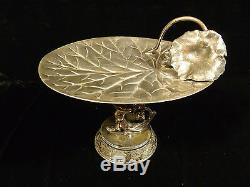Art Nouveau Silver Plated Lily Pad Calling Card Tray Cherub Figural Stem 1905