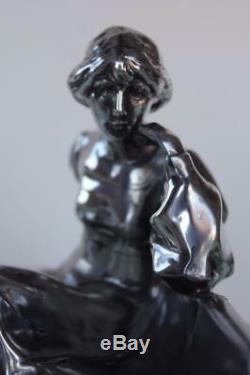 Art Nouveau silver plated inkwell with lady sitting on the edge by Kayser