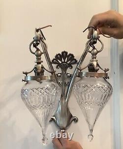 Arts & Crafts Nouveau Silver Plated Peacock Feather Wall Lamps Glass Shades