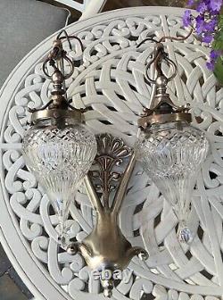 Arts & Crafts Nouveau Silver Plated Peacock Feather Wall Lamps Glass Shades