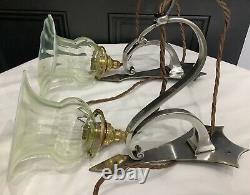 Arts & crafts Nouveau Pair Silver Plated Wall Lights With Opalescent Shades GEC