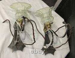 Arts & crafts Nouveau Pair Silver Plated Wall Lights With Opalescent Shades GEC