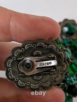 Askew of London silver plate green glass & crystal drop clip in earrings