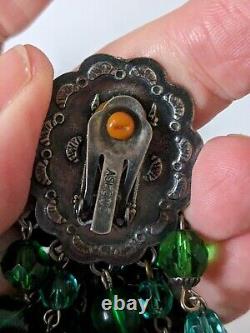 Askew of London silver plate green glass & crystal drop clip in earrings