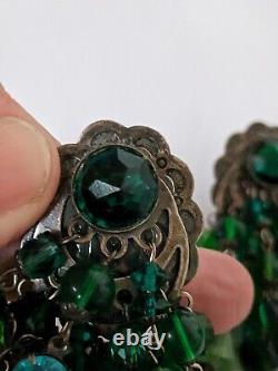 Askew of London silver plate green glass & crystal drop clip on earrings