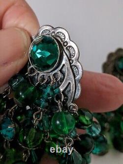 Askew of London silver plate green glass & crystal drop clip on earrings