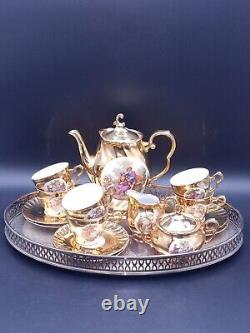 Bavaria Gold Gilded Hand Painted Coffee Set with Silver Plated Serving Tray