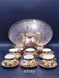 Bavaria Gold Gilded Hand Painted Coffee Set with Silver Plated Serving Tray