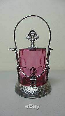 Beautiful Victorian Cranberry Glass Pickle Castor, Hartford Silver Plate Stand