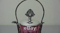 Beautiful Victorian Cranberry Glass Pickle Castor, Hartford Silver Plate Stand