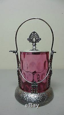 Beautiful Victorian Cranberry Glass Pickle Castor, Hartford Silver Plate Stand