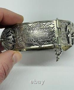 Berber Artisan 1970's Vintage Silver Plated Ornate Hamsa Bangle/bracelet