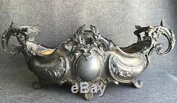 Big antique french Art Nouveau planter early 1900's silver plated metal flowers