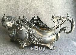 Big antique french Art Nouveau planter early 1900's silver plated metal flowers