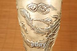 Big china Copper Plating Silver Handmade Carved phoenix Statue vase home deco