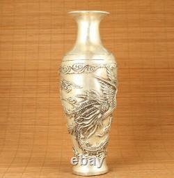 Big china Copper Plating Silver Handmade Carved phoenix Statue vase home deco