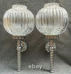 Big pair of vintage italian design sconces silver plated brass and glass Murano