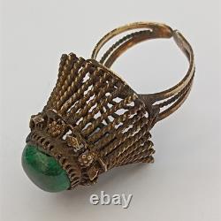 Boho Tribal Ring Yemenite Green Stone Filigree Ethnic Sterling Gold Plate VTG