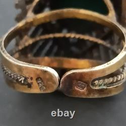 Boho Tribal Ring Yemenite Green Stone Filigree Ethnic Sterling Gold Plate VTG