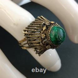 Boho Tribal Ring Yemenite Green Stone Filigree Ethnic Sterling Gold Plate VTG