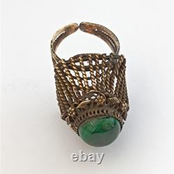 Boho Tribal Ring Yemenite Green Stone Filigree Ethnic Sterling Gold Plate VTG