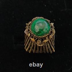 Boho Tribal Ring Yemenite Green Stone Filigree Ethnic Sterling Gold Plate VTG