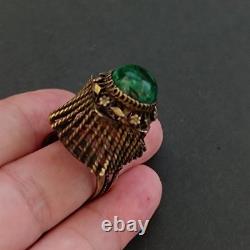 Boho Tribal Ring Yemenite Green Stone Filigree Ethnic Sterling Gold Plate VTG
