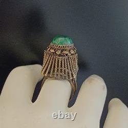 Boho Tribal Ring Yemenite Green Stone Filigree Ethnic Sterling Gold Plate VTG