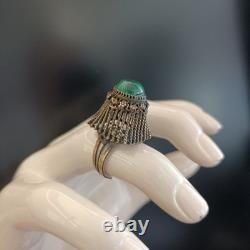 Boho Tribal Ring Yemenite Green Stone Filigree Ethnic Sterling Gold Plate VTG