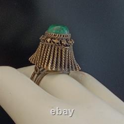 Boho Tribal Ring Yemenite Green Stone Filigree Ethnic Sterling Gold Plate VTG
